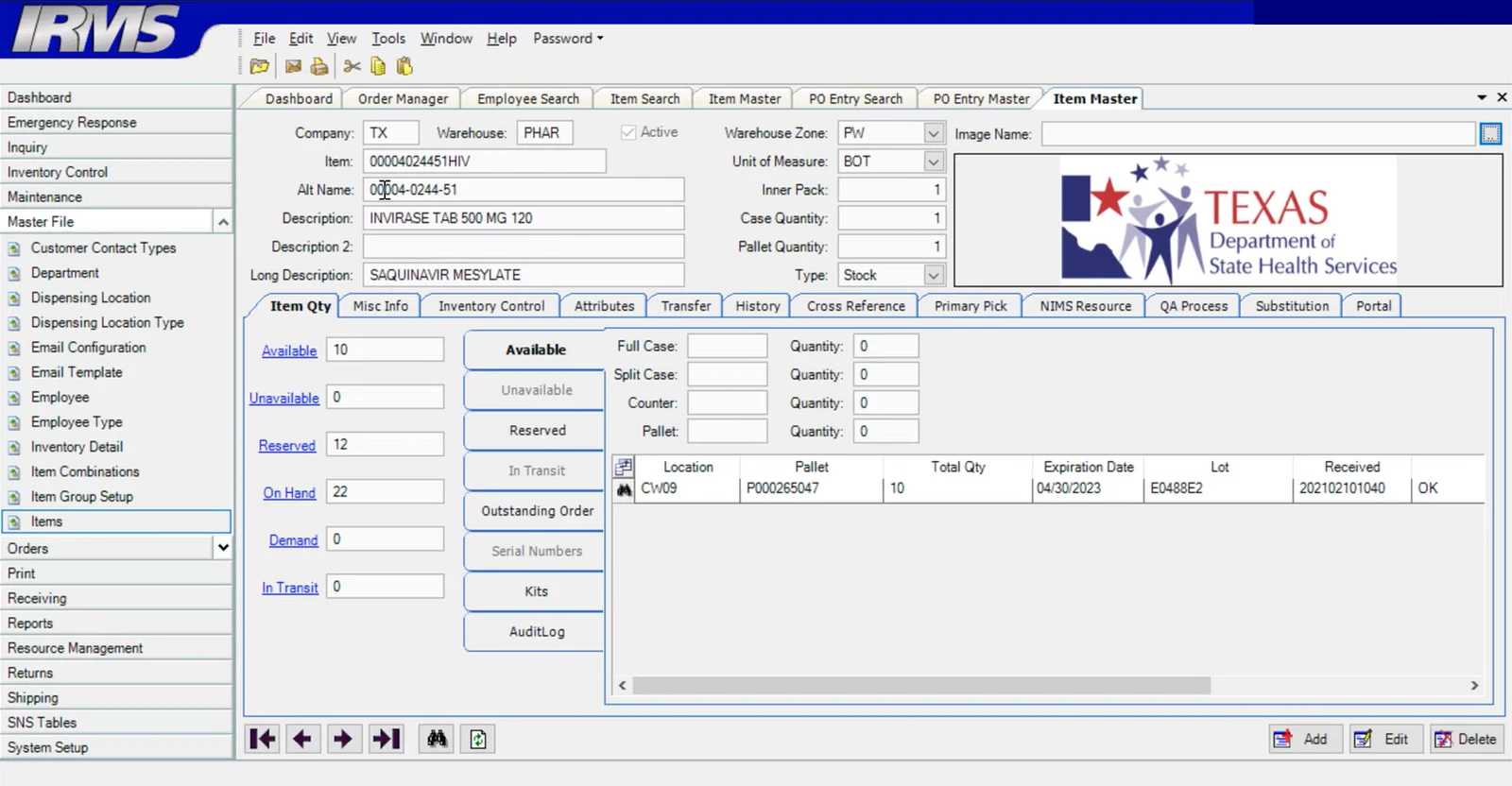 An item record in IRMS with twelve sub-tabs, thirteen header fields, six quantity states, and a stock table showing location, pallet, expiry, lot and received date.