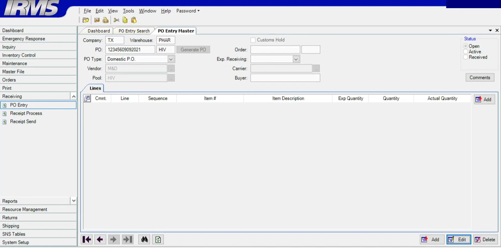 Raising a purchase order in IRMS: a fifteen item left rail, three open tabs, ten fields, and an empty line table with seven columns.