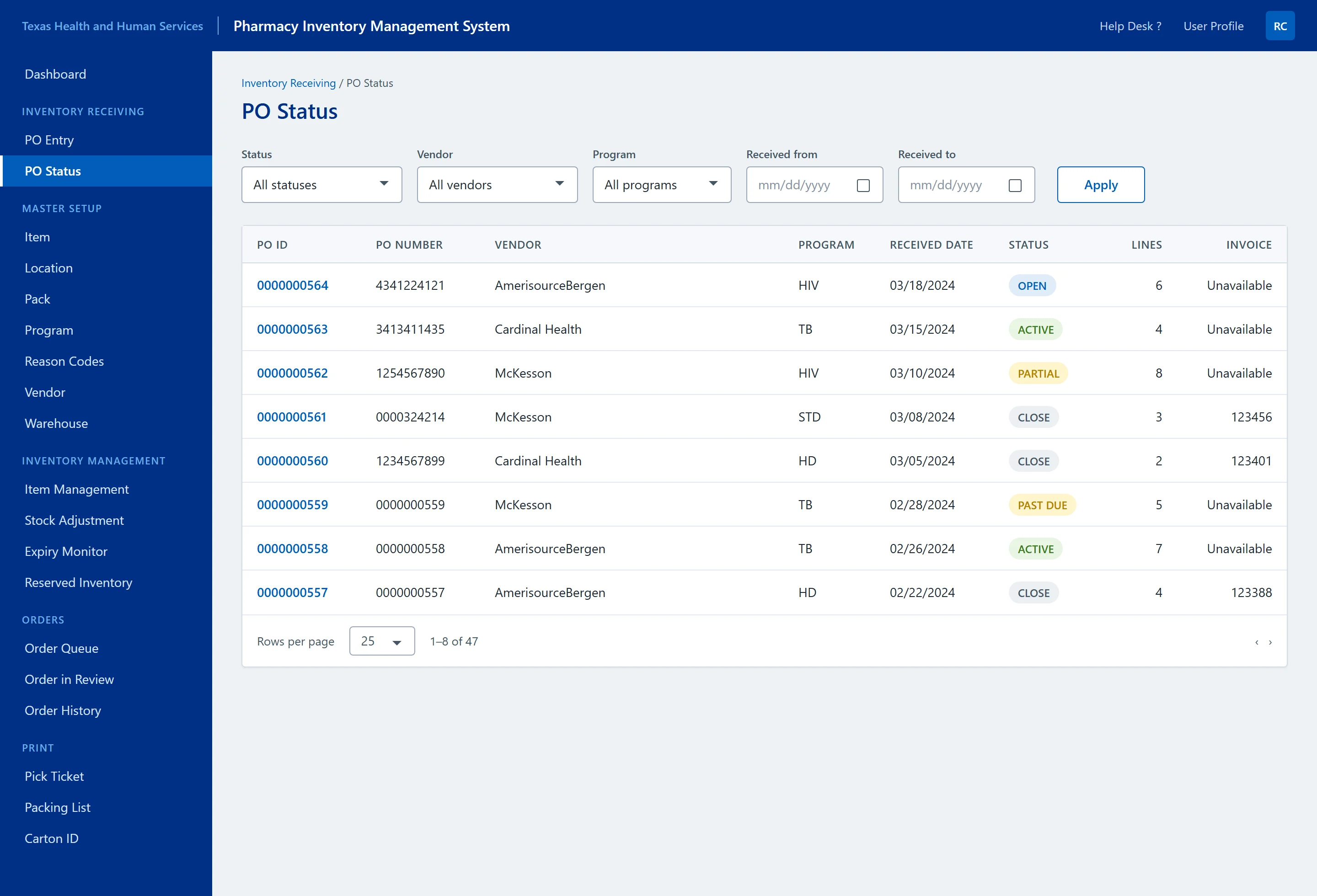 The purchase order screen: the legacy layout on the left, the redesign with status labels, program and lot detail on the right.