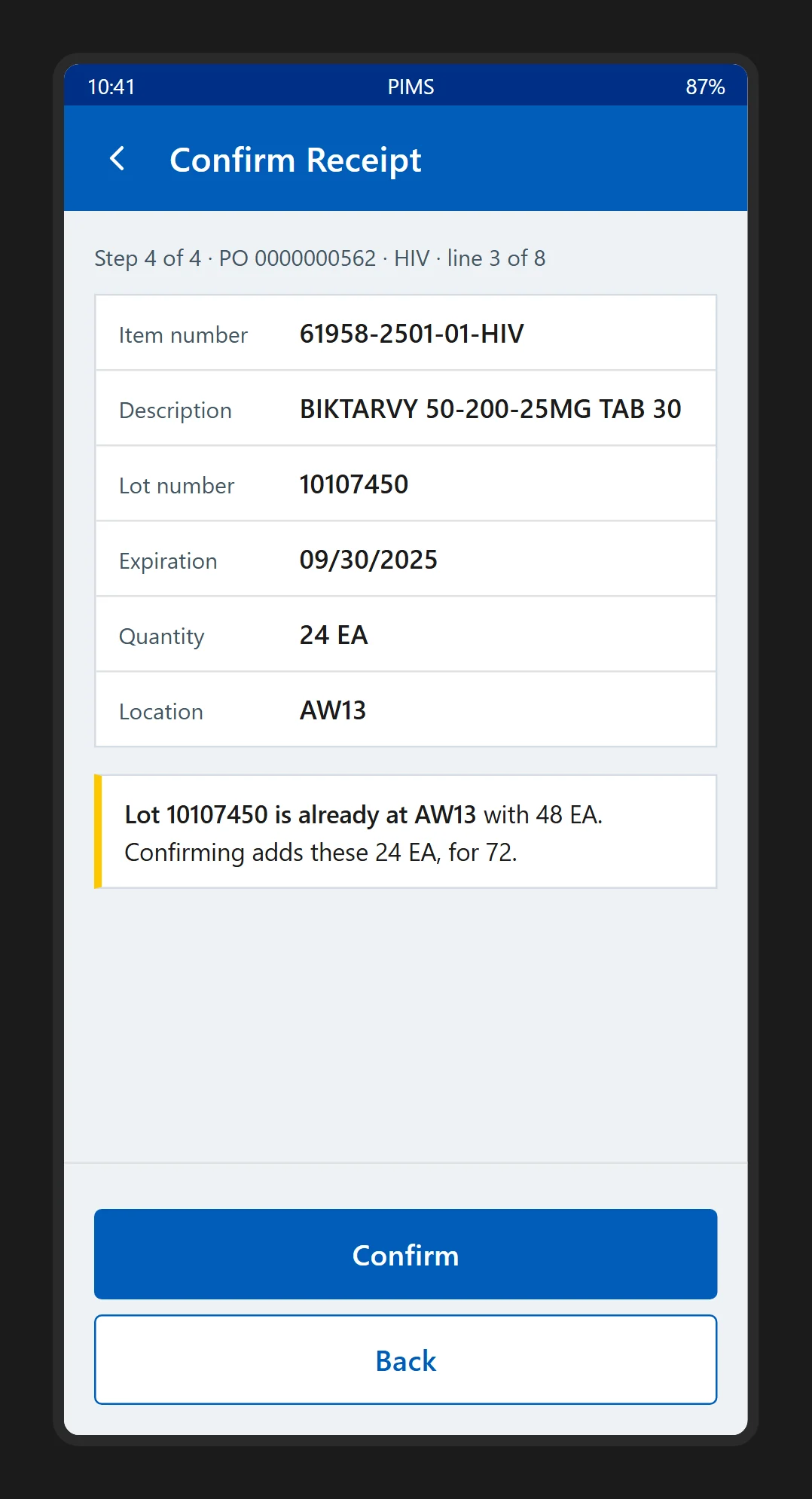 Confirm Receipt, step four of four: a review list of item number, description, lot number, expiration, quantity and location, a note that the lot is already at that location with 48 units, and Confirm and Back buttons.