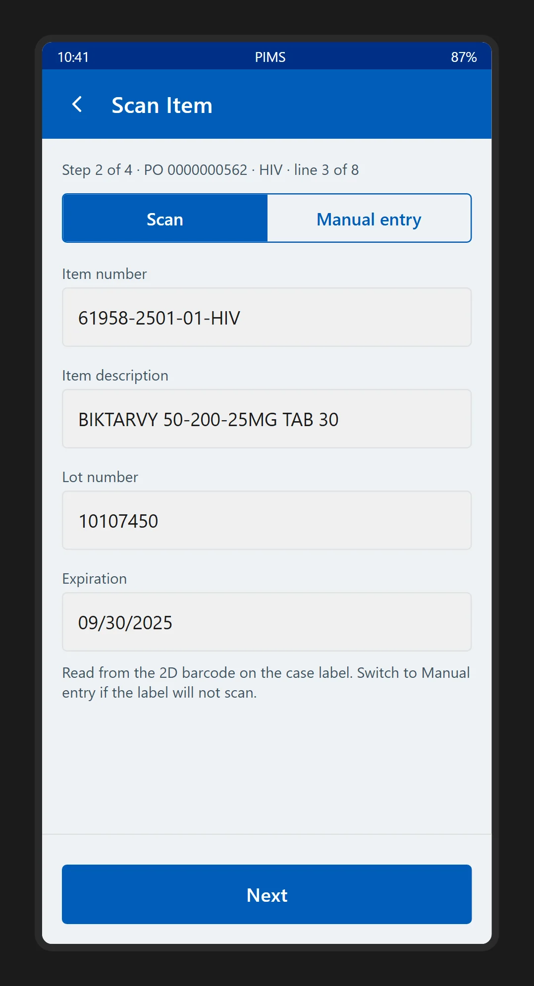 Scan Item, step two of four, line three of eight on the purchase order: a Scan or Manual entry switch, then item number, item description, lot number and expiration as read-only fields filled from the case label, and a Next button.