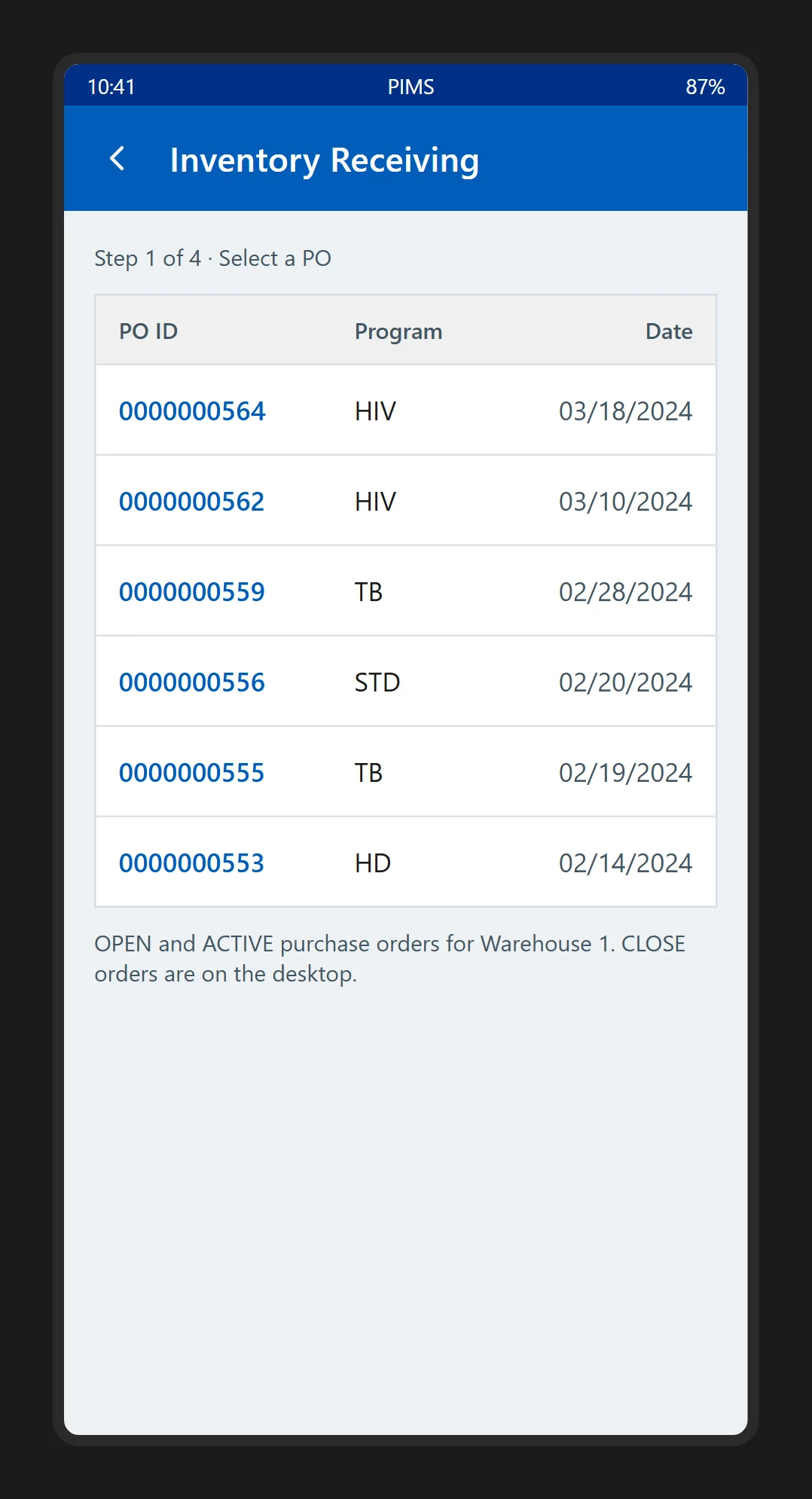 The handheld: the old menu against the first step of the receiving flow.