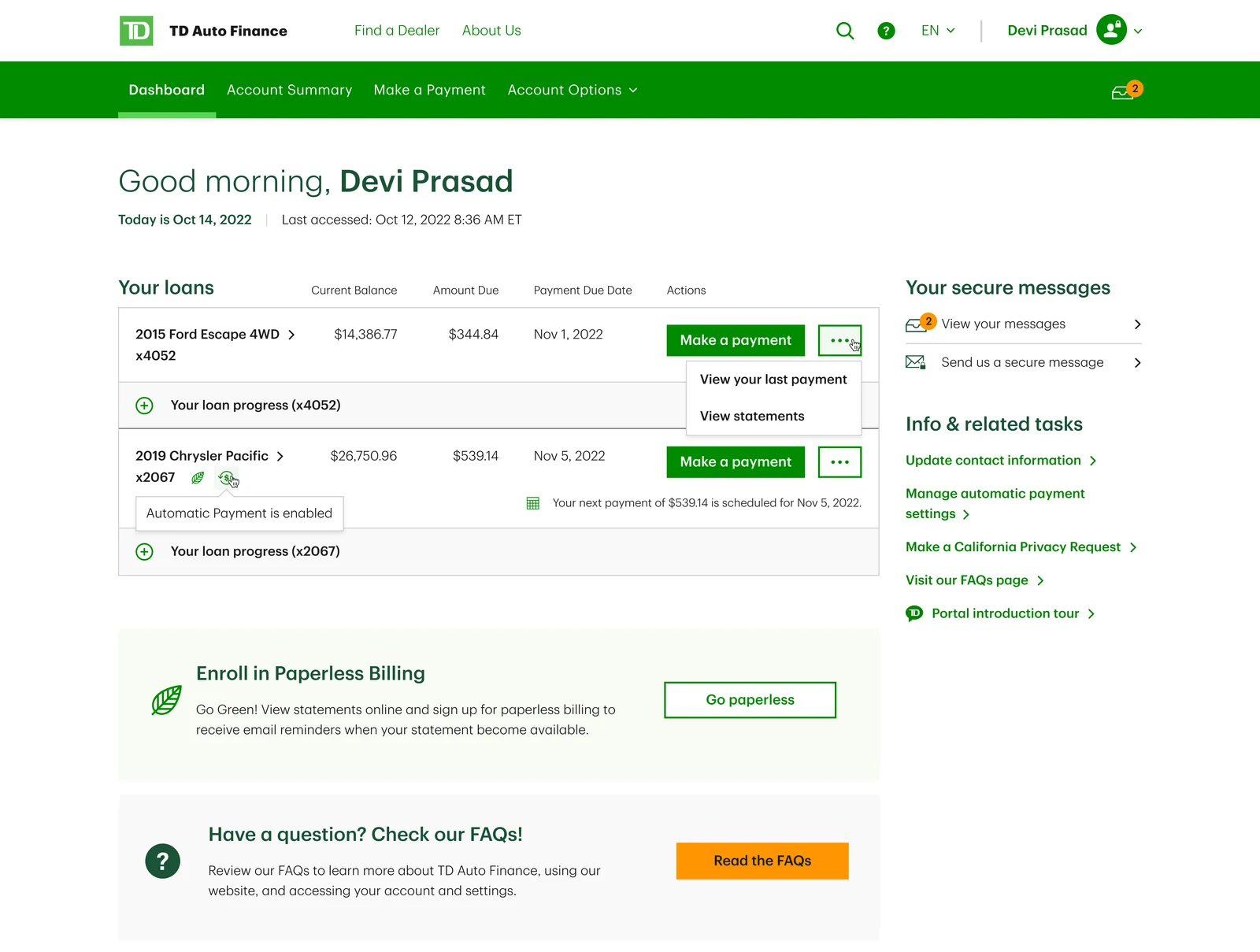 The desktop dashboard for a customer with two loans, each car in its own panel with balance, amount due, due date and a payment button.