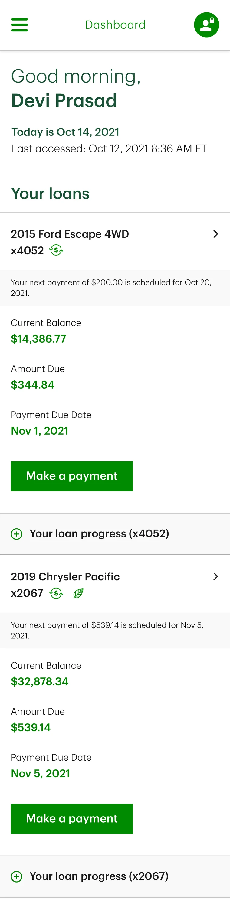 The mobile dashboard for a customer with two loans, each with its own balance, amount due, due date and payment button, above secure messages and related tasks.
