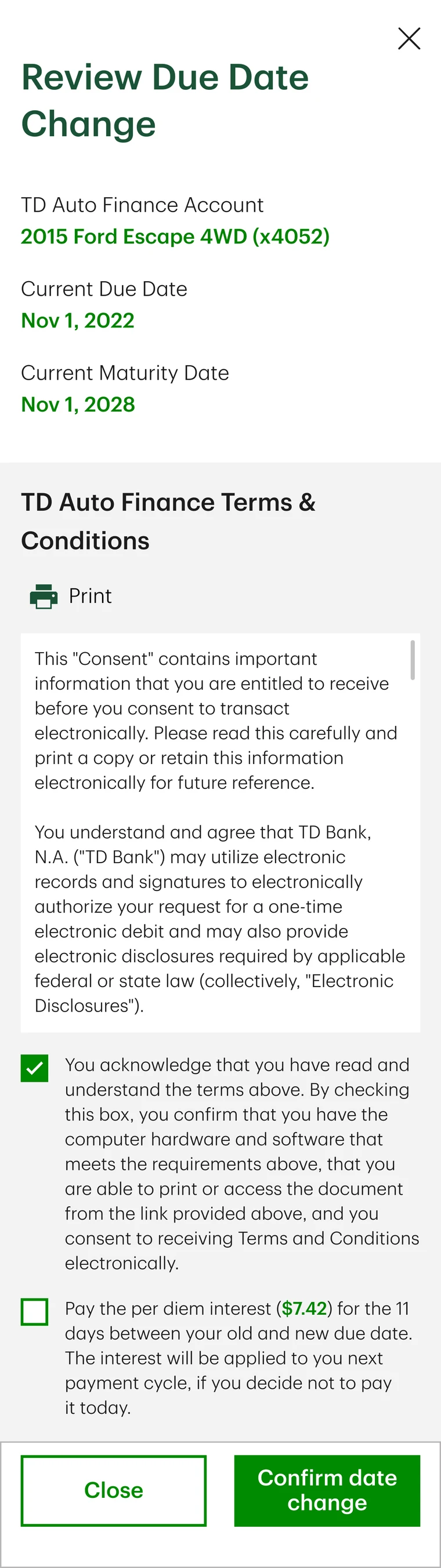 The review step for a due date change, ending in a checkbox offering to pay $7.42 of per diem interest now or let it fall to the next payment cycle.