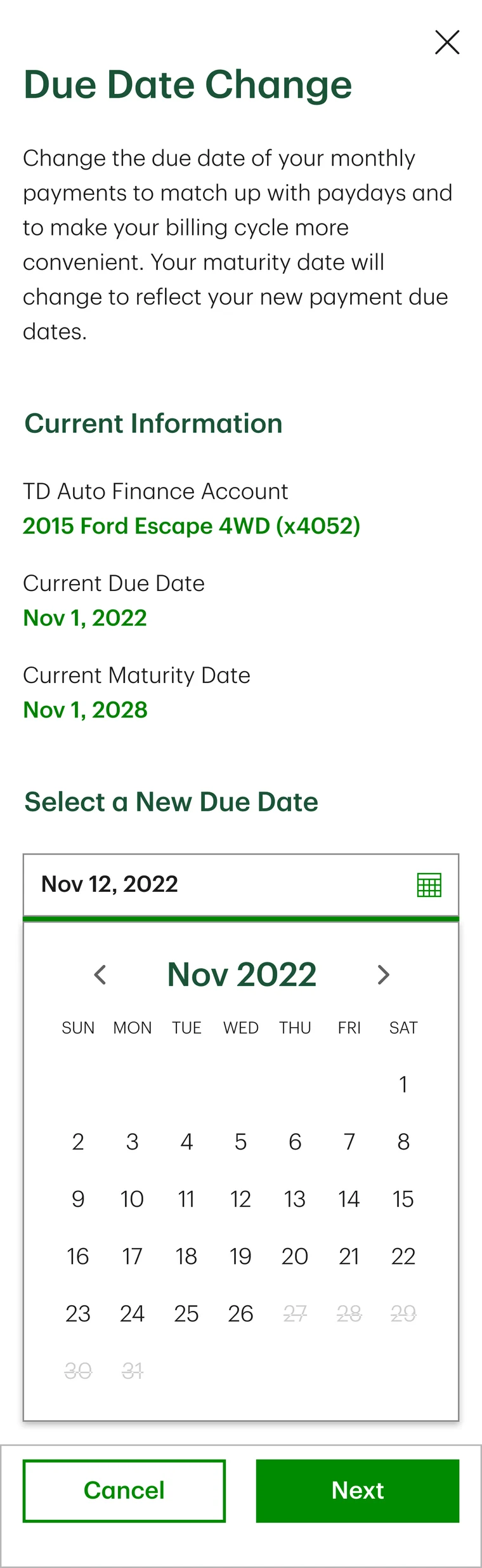 The mobile due date change screen: current account, due date and maturity date, then a calendar with the unavailable dates struck through.