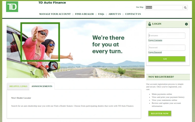 The old TD Auto Finance landing page: a stock photograph, a login box, and a panel listing what customers could do once they registered.