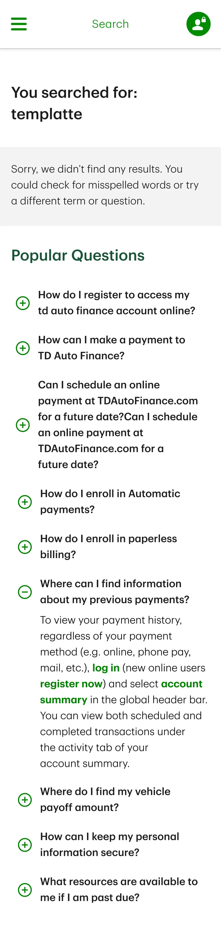 A mobile search for a misspelled term returning no results, followed immediately by a list of popular questions.