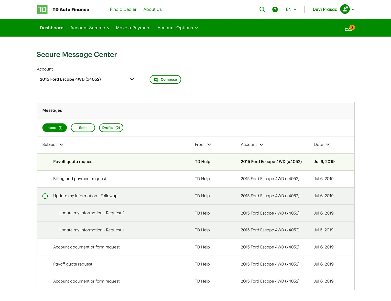 The desktop secure message centre: an account selector, inbox, sent and drafts tabs, and a sortable table of messages with one thread expanded to show its two earlier requests.